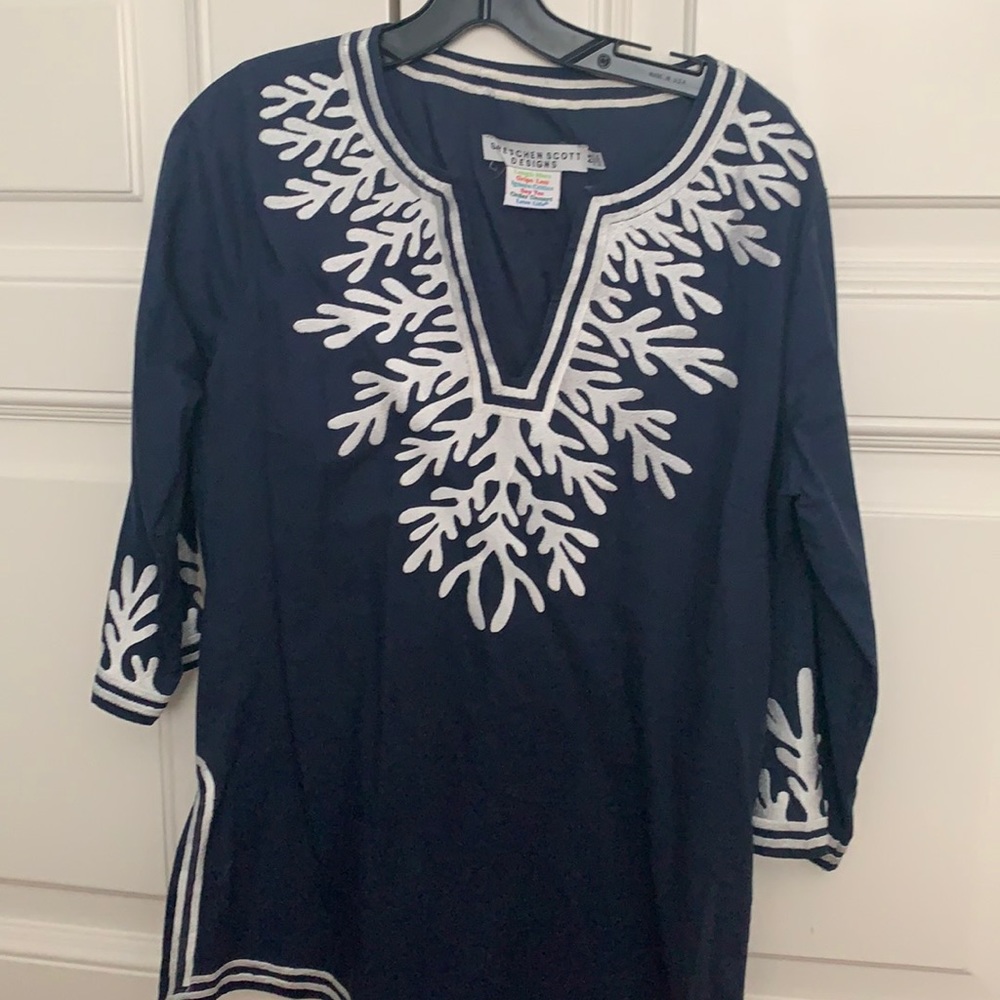 Gretchen Scott Designs Navy Tunic with White Coral Embroidery